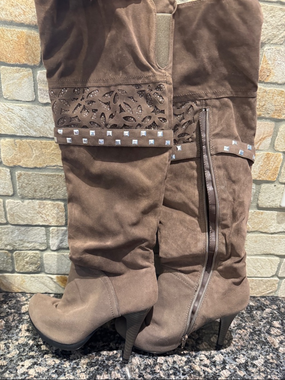 Brown Studded Over-the-Knee Heeled Boots